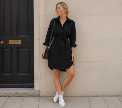 Frau, die ein schwarzes Hemdkleid und ein Paar weiße converse-Turnschuhe trägt