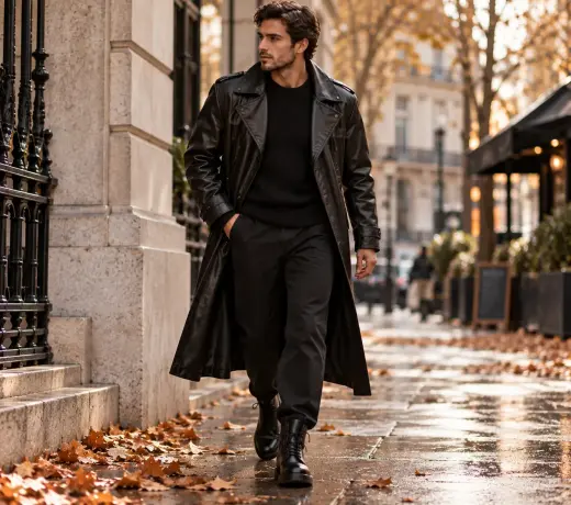 Look masculino con una chaqueta de cuero larga