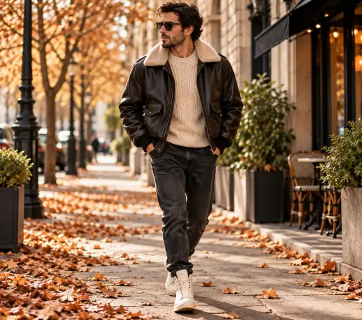 look d'automne pour homme avec un blouson aviateur en cuir
