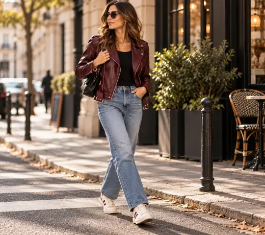 Women’s outfit featuring a burgundy leather jacket