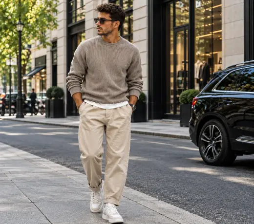 Men’s outfit featuring pleated trousers, a jumper and trainers
