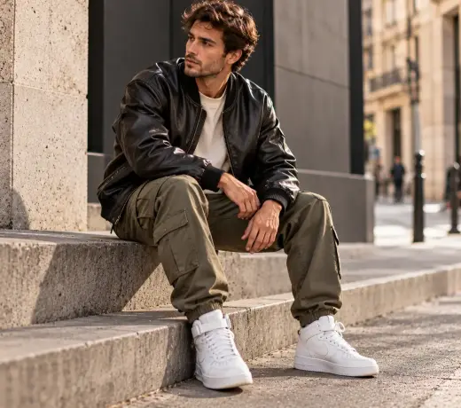 Urban men’s look with a leather bomber jacket