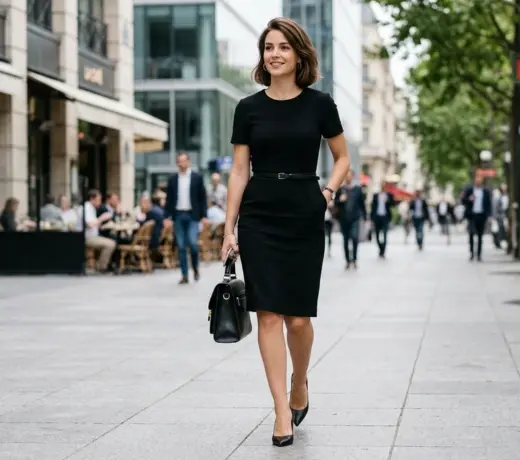 Working-Girl-Look mit einem schwarzen Midikleid