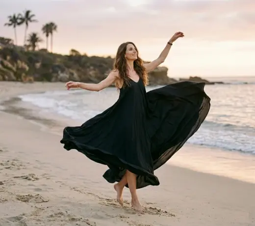 women's look with a long black dress