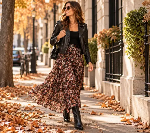 A feminine autumn look featuring a leather jacket and a long floral skirt