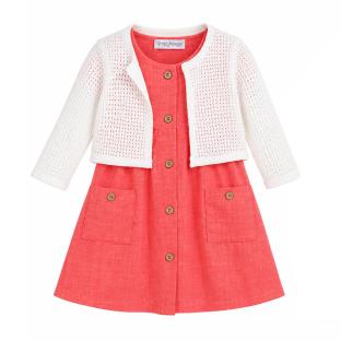 Ensemble Robe + Gilet Rose/Blanc Bébé P'tit Mome Helena vue 0