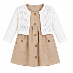 Ensemble Robe + Gilet Beige/Blanc Bébé P'tit Mome Helena vue 0