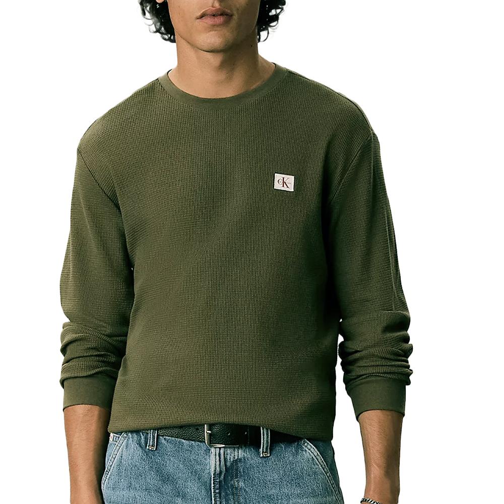 Grünes Herren-Sweatshirt von Calvin Klein Jeans mit Waffelmuster und Aufnähern günstig