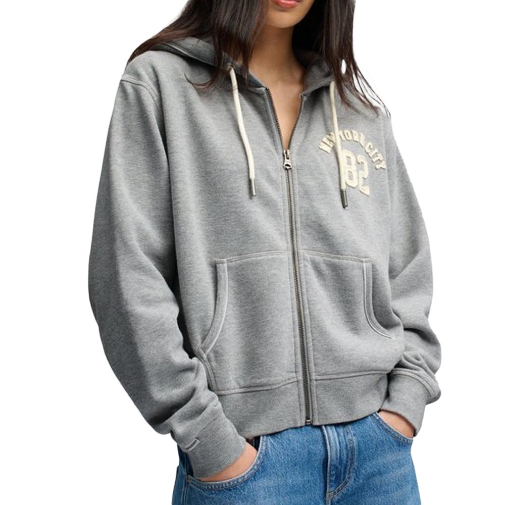 Sweat zippé à capuche femme gris chiné Superdry Relaxed Crop pas cher