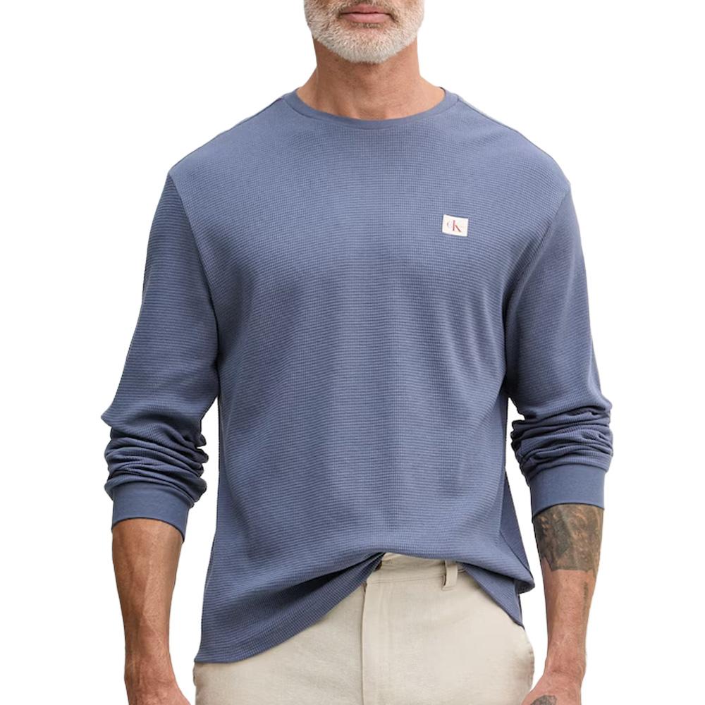 Blaues Herren-Sweatshirt von Calvin Klein Jeans mit Waffel-Muster und Aufnähern günstig