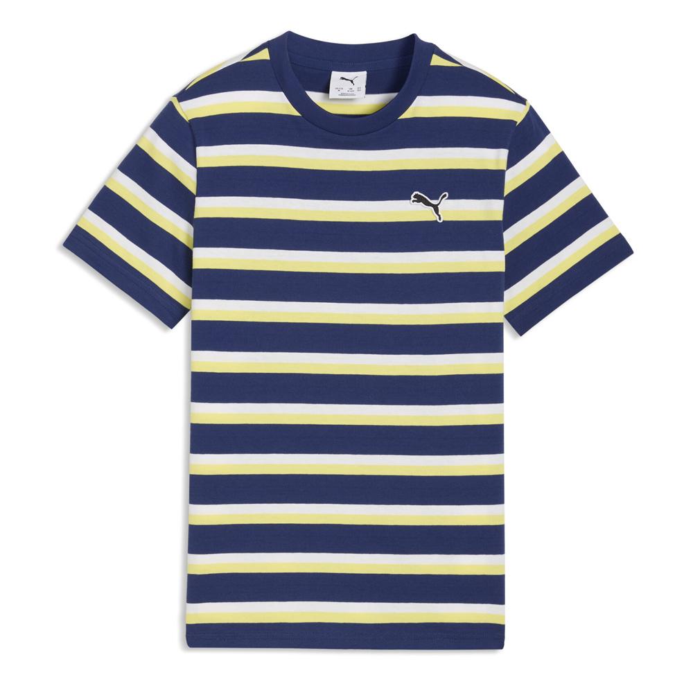 Puma Ess Elevated Striped Boys’ T-shirt – Navy/Yellow/White affordable