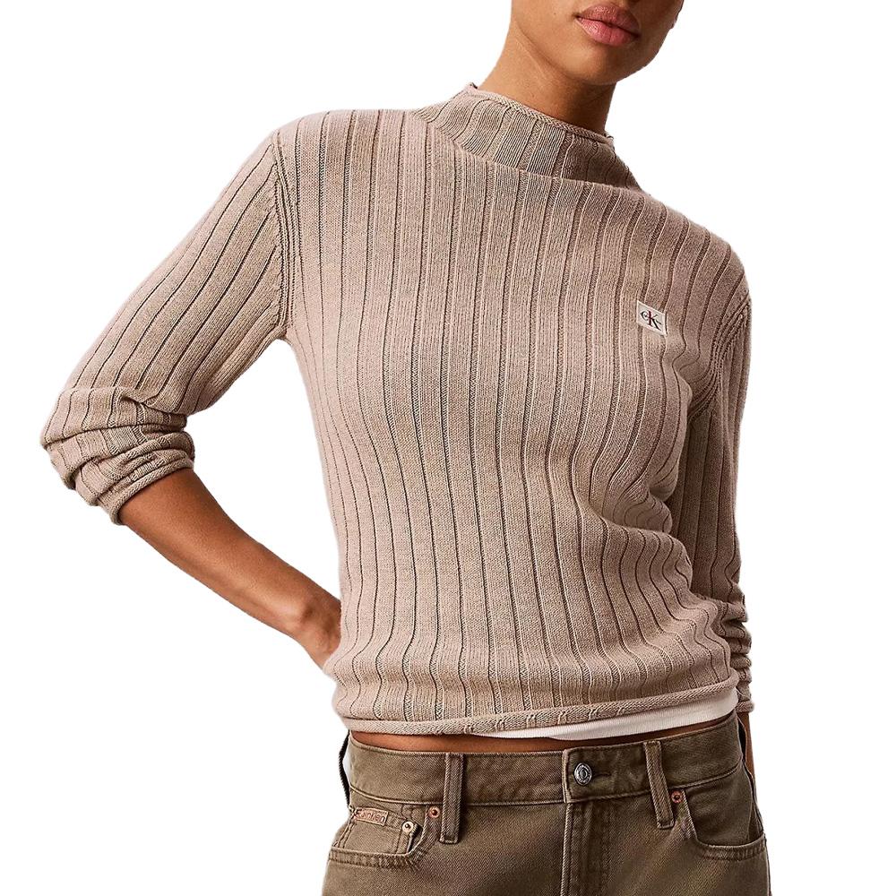 Dunkelbeiger Damenpullover von Calvin Klein Jeans mit gewebtem Etikett günstig