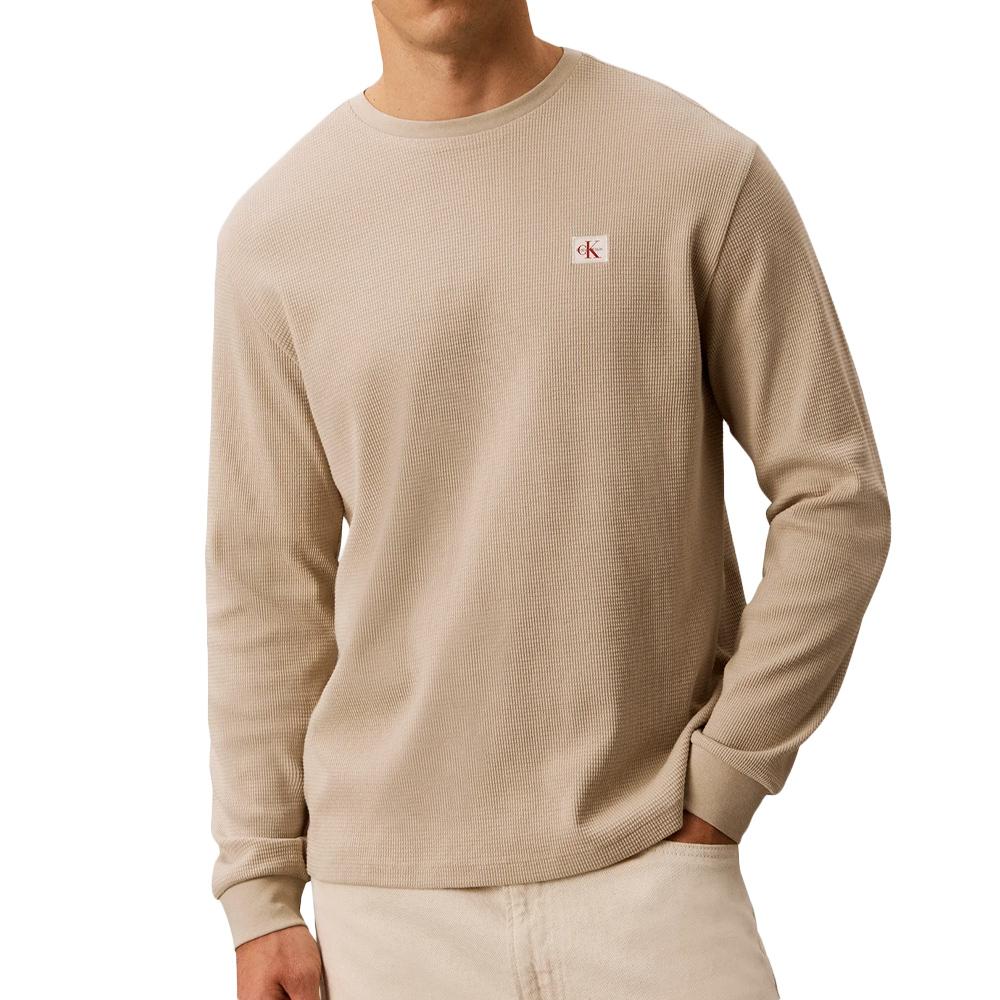 Beiges Herren-Sweatshirt von Calvin Klein Jeans mit Waffelmuster und Aufnähern günstig