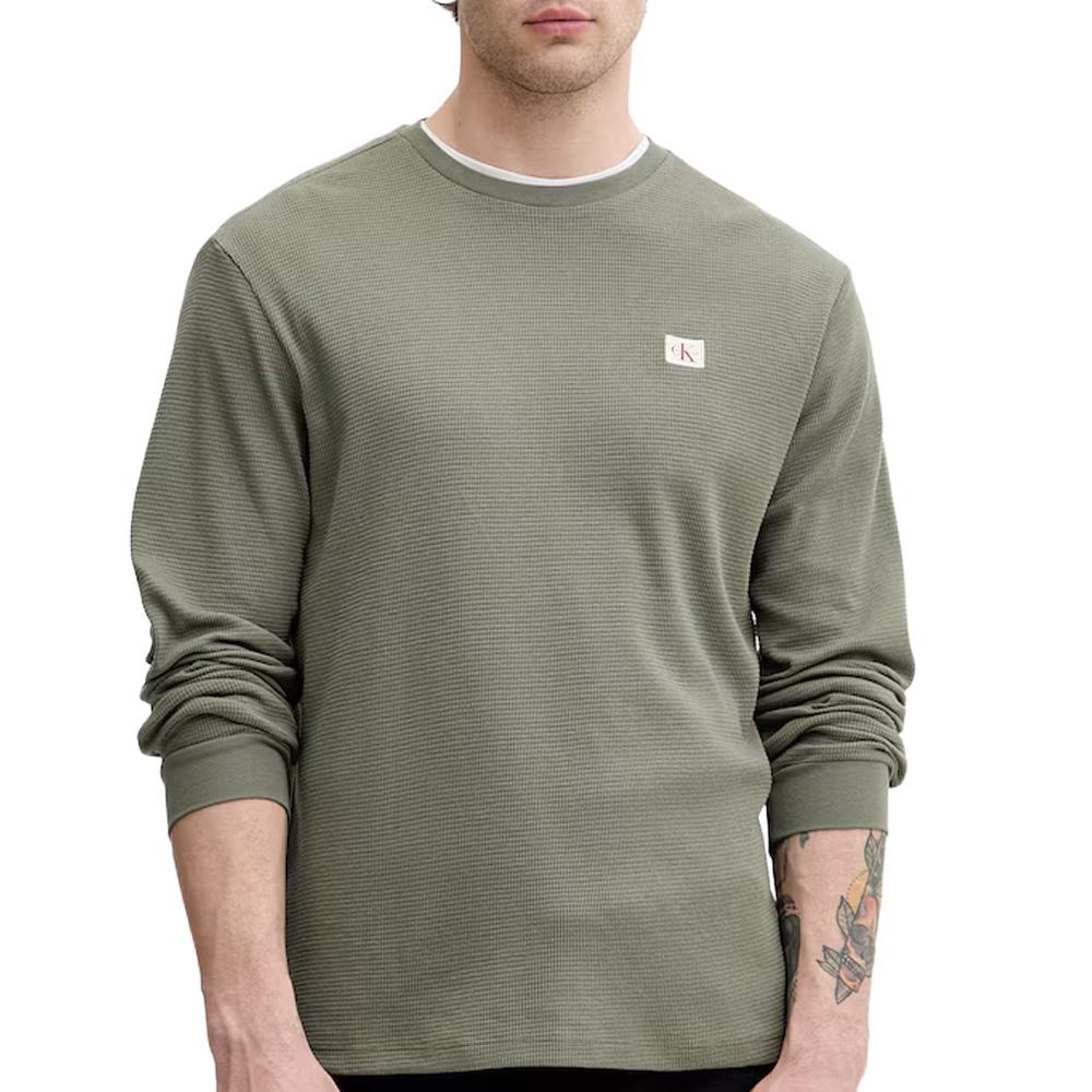 Grünes Herren-Sweatshirt von Calvin Klein Jeans mit Waffel-Muster und Aufnähern günstig