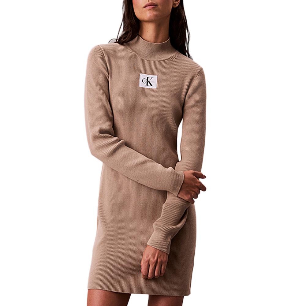 Robe Pull Marron Calvin Klein Jeans Neck Mini Dress pas cher