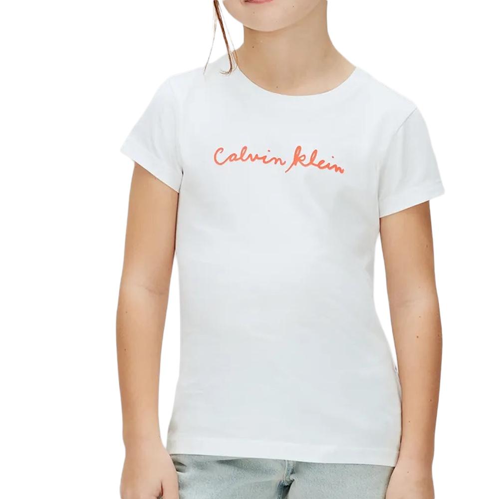 Calvin Klein Jeans Script Logo White/Orange Girls’ T-shirt affordable