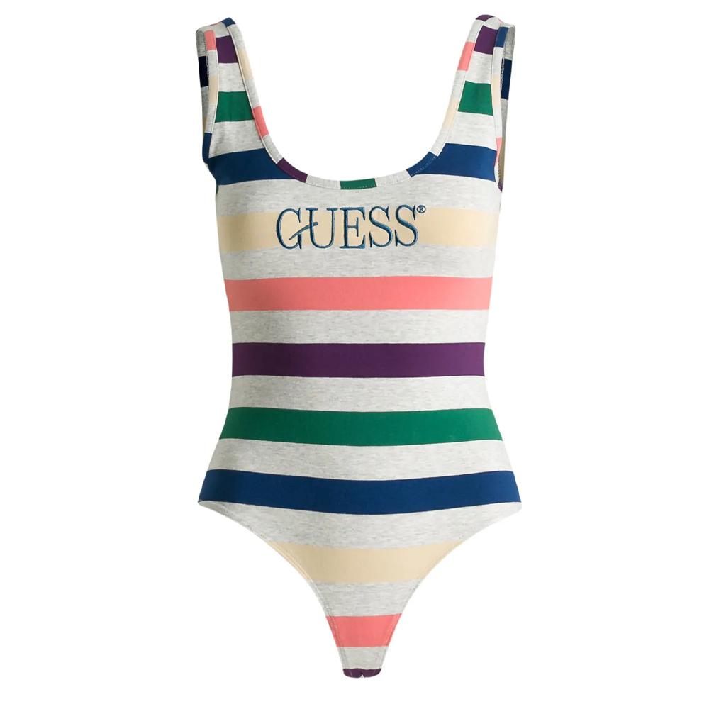 Camiseta gris para mujer de Guess con el logotipo de Guess y rayas barato