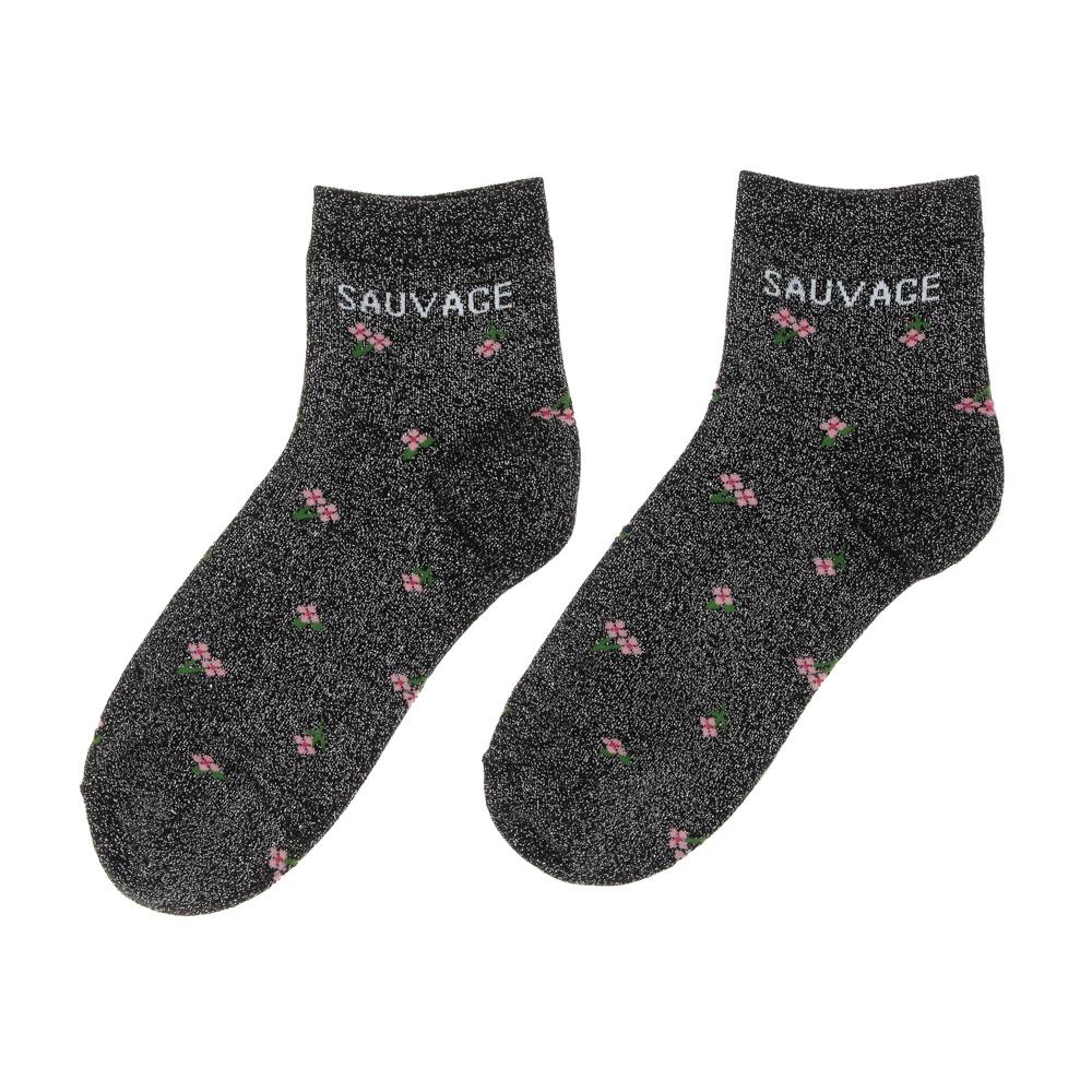 Chaussettes Noires à Fleurs Femme Stella Green Sauvage pas cher