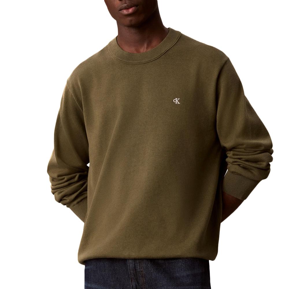 Pull Kaki Homme Calvin Klein Jeans Crwn pas cher
