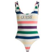 Camiseta gris para mujer de Guess con el logotipo de Guess y rayas barato